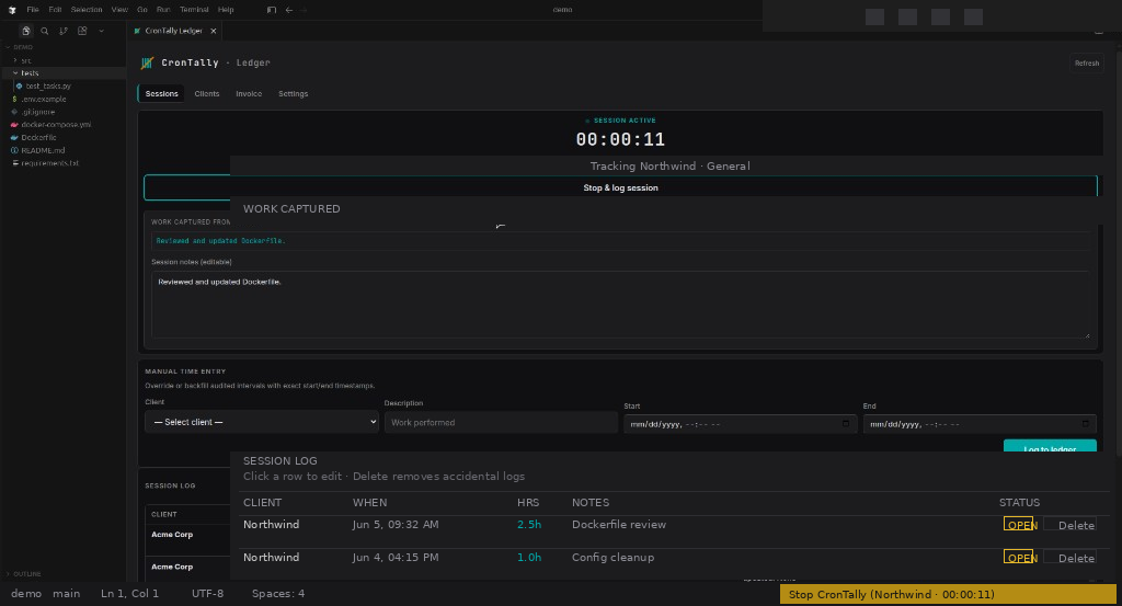 CronTally Ledger open in a code editor with an active timer and session log